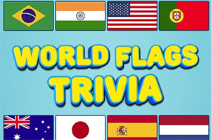 Vlajky rôznych krajín a text World Flags Trivia na modrom pozadí