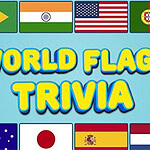 Vlajky rôznych krajín a text World Flags Trivia na modrom pozadí