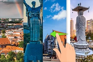 Koláž so štyrmi vertikálnymi pruhmi zobrazujúcimi mestskú panorámu s dúhou, sochu so vztýčenými rukami, ruku ukazujúcu na sochu a veľkú sochu na plošine