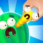 Zelená postavička s vystrašeným výrazom, ktorej sa približuje žltý predmet v ruke