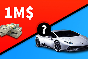 Balenie peňazí na červenom pozadí s nápisom 1M$ a strieborné auto na modrom pozadí oddelené uhlopriečnou čiarou s otáznikom v strede