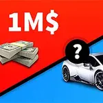 Balenie peňazí na červenom pozadí s nápisom 1M$ a strieborné auto na modrom pozadí oddelené uhlopriečnou čiarou s otáznikom v strede