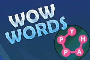 Modrá grafika s textom WOW WORDS a prepojenými ružovými písmenami P, Y, H, A v kruhovom diagrame