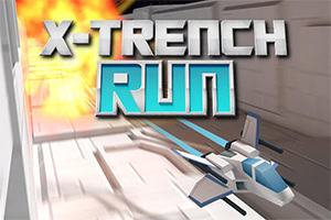 Názov „X-Trench Run“ s futuristickou loďou letiacou cez technologický tunel s explóziou v pozadí