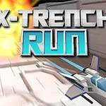 Názov „X-Trench Run“ s futuristickou loďou letiacou cez technologický tunel s explóziou v pozadí