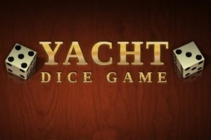 Názov Yacht Dice Game so zlatými písmenami na drevenom pozadí s dvoma kockami na stranách
