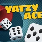 Červený pohár a dve hracie kocky na modrom pozadí s nápisom Yatzy Aces