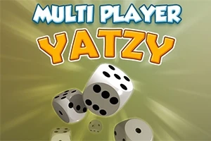 Nápis MULTI PLAYER YATZY nad padajúcimi hracími kockami na svetlom pozadí