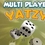 Nápis MULTI PLAYER YATZY nad padajúcimi hracími kockami na svetlom pozadí