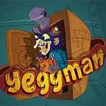 Kreslená postava s veľkým nosom a fialovým klobúkom stojí pred trezorom s nápisom Yeggman