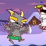 Dvaja kreslení postavičkoví obludy v zimnej krajine pred zasneženými chatkami