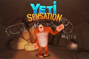 Kreslený oranžový yeti so zdvihnutou rukou v jaskyni s nápisom Yeti Sensation nad hlavou a kriedovými náčrtmi na stenách