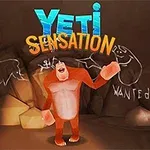 Kreslený oranžový yeti so zdvihnutou rukou v jaskyni s nápisom Yeti Sensation nad hlavou a kriedovými náčrtmi na stenách