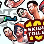 Robot s červeným okom a zbraňou bojuje proti skupine expresívnych tvárí na svetlom pozadí s nápisom Skibidi Toilets 100