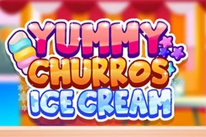 Farebné logo s nápisom Yummy Churros Ice Cream s pozadím pripomínajúcim sladkosti a zmrzlinu