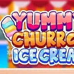 Farebné logo s nápisom Yummy Churros Ice Cream s pozadím pripomínajúcim sladkosti a zmrzlinu