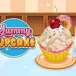 Farebný cupcake s čerešňou na vrchu, posypkami a nápojom v pohári s brčkom, na pozadí je modro-ružový znak