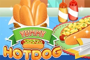 Pohľad na kreslené hotdogy s veselým dizajnom, s nápismi Yummy a Hotdog, doplnené kečupom a horčicou v pozadí