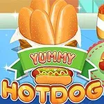 Pohľad na kreslené hotdogy s veselým dizajnom, s nápismi Yummy a Hotdog, doplnené kečupom a horčicou v pozadí