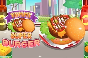 Veľký hamburger s paradajkami, šalátom, syrom a omáčkou na tanieri vedľa textu Yummy Super Burger na farebnom pozadí