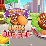Veľký hamburger s paradajkami, šalátom, syrom a omáčkou na tanieri vedľa textu Yummy Super Burger na farebnom pozadí