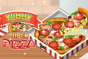 Farebný obrázok pizze s rôznymi ingredienciami v otvorenej krabici s nápisom Yummy Super Pizza