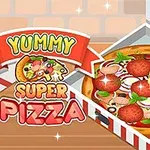 Farebný obrázok pizze s rôznymi ingredienciami v otvorenej krabici s nápisom Yummy Super Pizza