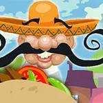 Ilustrácia zobrazujúca muža s veľkým čiernym fúzom a sombrerom, držiaceho taco s farebnou zeleninou na pozadí mesta