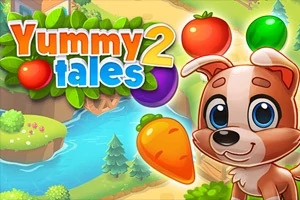 Kreslený pes s veľkými očami stojí vedľa slova Yummy Tales 2 s farebným ovocím a zeleninou na pozadí krajinky s riekou
