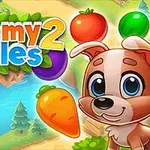 Kreslený pes s veľkými očami stojí vedľa slova Yummy Tales 2 s farebným ovocím a zeleninou na pozadí krajinky s riekou