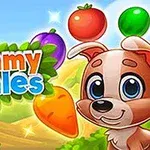 Pestrofarebný obrázok ukazuje kresleného psa so zeleninou a ovocím na farebnom pozadí, s nápisom „Yummy Tales“ v lístí