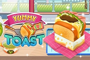 Kreslený obrázok s veľkým sendvičom plným syra a zeleniny, nápisom „Yummy Toast“ a farebnými dekoráciami