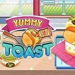 Kreslený obrázok s veľkým sendvičom plným syra a zeleniny, nápisom „Yummy Toast“ a farebnými dekoráciami