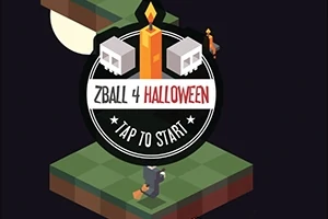 Halloweenská tematika s nápisom „ZBall 4 Halloween“, voskovou sviečkou, lebkami a postavou čarodejnice na kockovitej ceste