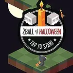 Halloweenská tematika s nápisom „ZBall 4 Halloween“, voskovou sviečkou, lebkami a postavou čarodejnice na kockovitej ceste