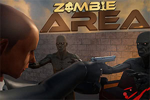 Postava s pištoľou mieri na dvoch zombie pred kamennou stenou s nápisom Zombie Area