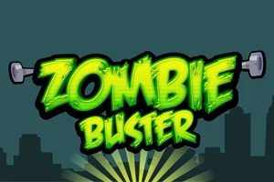 Názov Zombie Buster v žiarivých zelených písmenách s činkami na pozadí mestských siluet