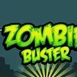 Názov Zombie Buster v žiarivých zelených písmenách s činkami na pozadí mestských siluet