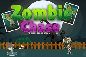 Karikatúrna scéna s postavou v mumiovom obväze, dieťaťom, dreveným plotom, kostrou a veľkým nápisom Zombie Chase na pozadí noci s mesiacom