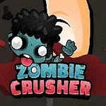 Karikatúrny modrý zombie s veľkým okom a nápisom Zombie Crusher na krvavej podlahe