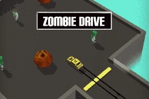 Žlté auto jazdí v bludisku s prekážkami a postavami, v popredí text Zombie Drive