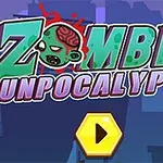 Ilustrácia s nápisom Zombie Gunpocalypse s kreslenou zombie hlavou a žltým tlačidlom prehrať na tmavomodrom pozadí