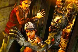 Dvaja ľudia v panike pred útočiacimi zombie pri dverách