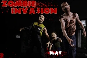 Traja zombíci kráčajú vpred v tmavom prostredí s krvavými detailmi a textom Zombie Invasion a tlačidlom Play