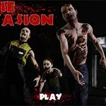 Traja zombíci kráčajú vpred v tmavom prostredí s krvavými detailmi a textom Zombie Invasion a tlačidlom Play