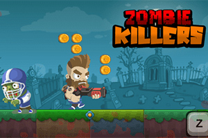 Postava s bradou a puškou uteká pred zombie v prilbe na pozadí cintorína s názvom Zombie Killers
