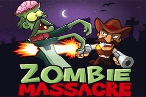 Kreslený kovboj strieľa na útočiaceho zeleného zombieho pod nočnou oblohou s názvom hry v popredí