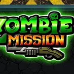 Text Zombie Mission s obrázkom pušky na tmavom pozadí s fluorescenčným zeleným okrajom