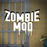 Nápis Zombie Mod na pozadí s kovovou mrežou a zombie postavou