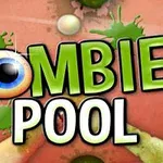 Nápis Zombie Pool v zelenom štýle s okom nahrádzajúcim písmeno O na farebnom pozadí so zelenými škvrnami